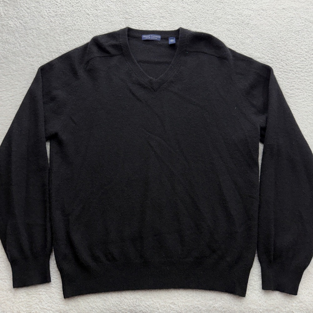 Grant Thomas Mens Black 100% Two Ply‎ Cashmere V-Neck Sweater Size Large